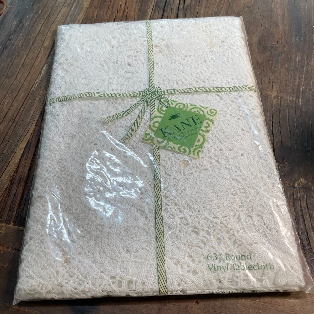 Kane Vintage 80s Crochet Look Vinyl Tablecloth 63 inches White Round NEW